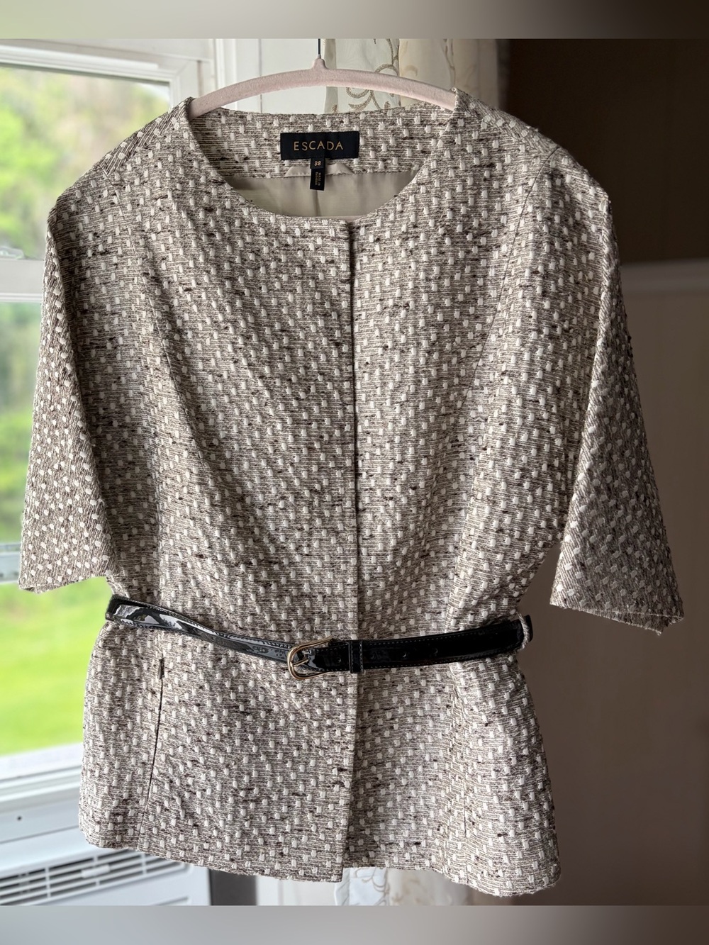 Escada Bekki Silk Ivory/Taupe Textured Weave Luxury Designer Tweed Jacket Sz 8